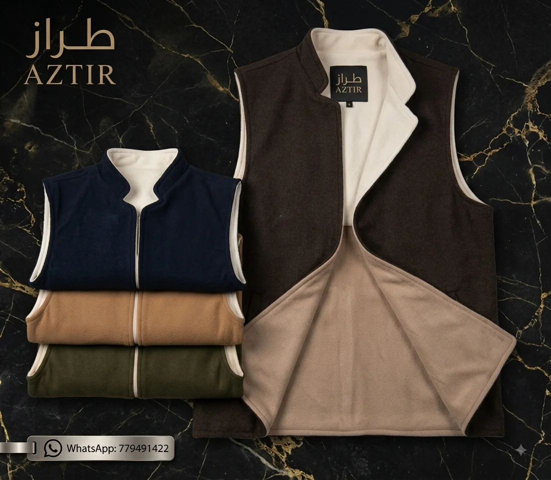 Four folded fleece vests in navy tan olive and brown with cream lining on black gold marble
