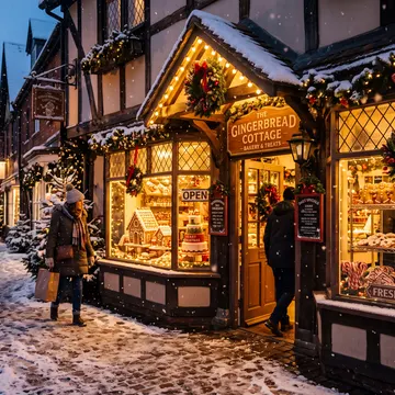 A snow-covered street at dusk features a warmly lit gingerbread shop with festive decorations and two people walking by