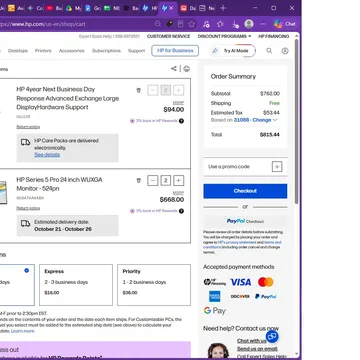 HP online shopping cart with two items total price and delivery payment options displayed