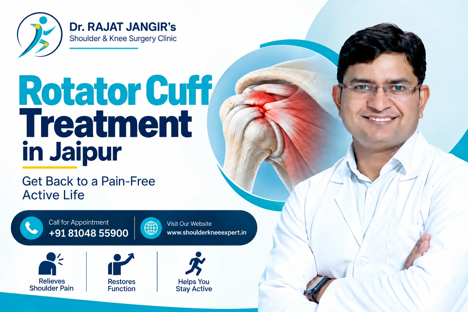 Doctor promoting rotator cuff treatment with shoulder anatomy graphic
