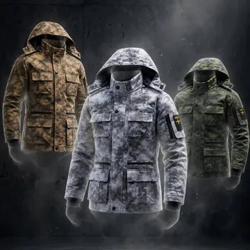 Three floating camouflage hooded jackets in mist with spotlight and brand logo