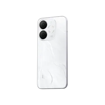 White marble-textured smartphone with dual cameras and silver trim