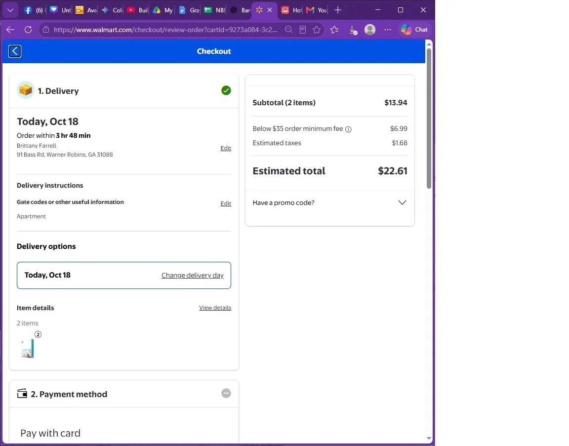 Walmart checkout screen displaying delivery info and $22.61 estimated total for two items