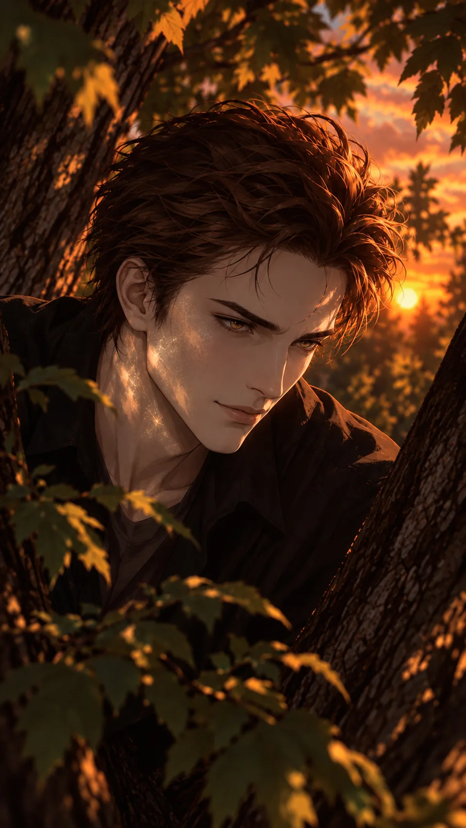 Young man in forest at golden sunset with glowing light on his face