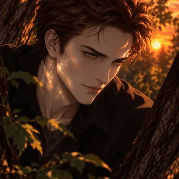 Young man in forest at golden sunset with glowing light on his face