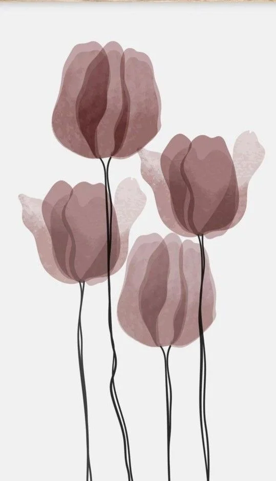 Four mauve tulips with black stems on a light background