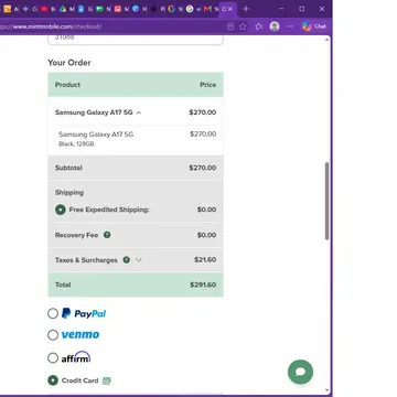Online checkout screen for two Samsung Galaxy A17 5G phones with credit card payment selected