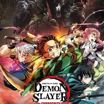 Demon slayers battle demons in a fiery Japanese village scene