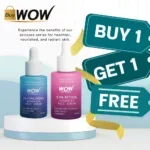 Two skincare serum bottles with buy one get one free offer sign