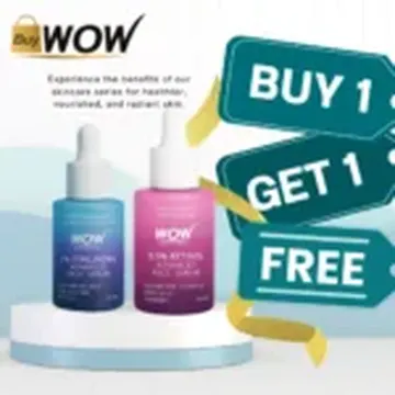 Two skincare serum bottles with buy one get one free offer sign