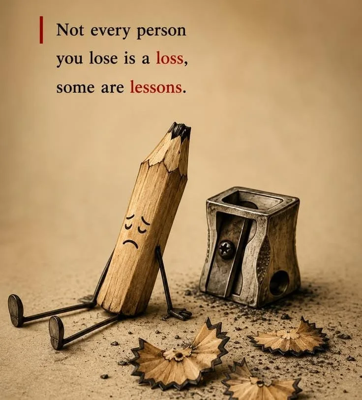 A sad pencil with metal legs sits next to a sharpener and wood shavings with text about loss and lessons