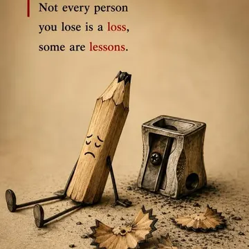 A sad pencil with metal legs sits next to a sharpener and wood shavings with text about loss and lessons