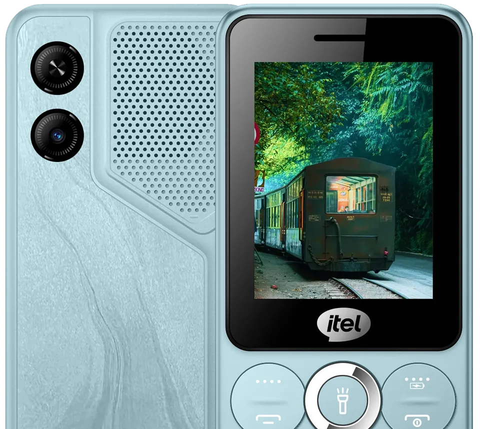 Light blue itel phone showing a train in a forest tunnel on its screen