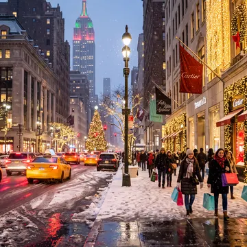 A snowy city street at dusk with pedestrians carrying shopping bags, yellow taxis on wet roads, and buildings decorated with Christmas lights and a vi