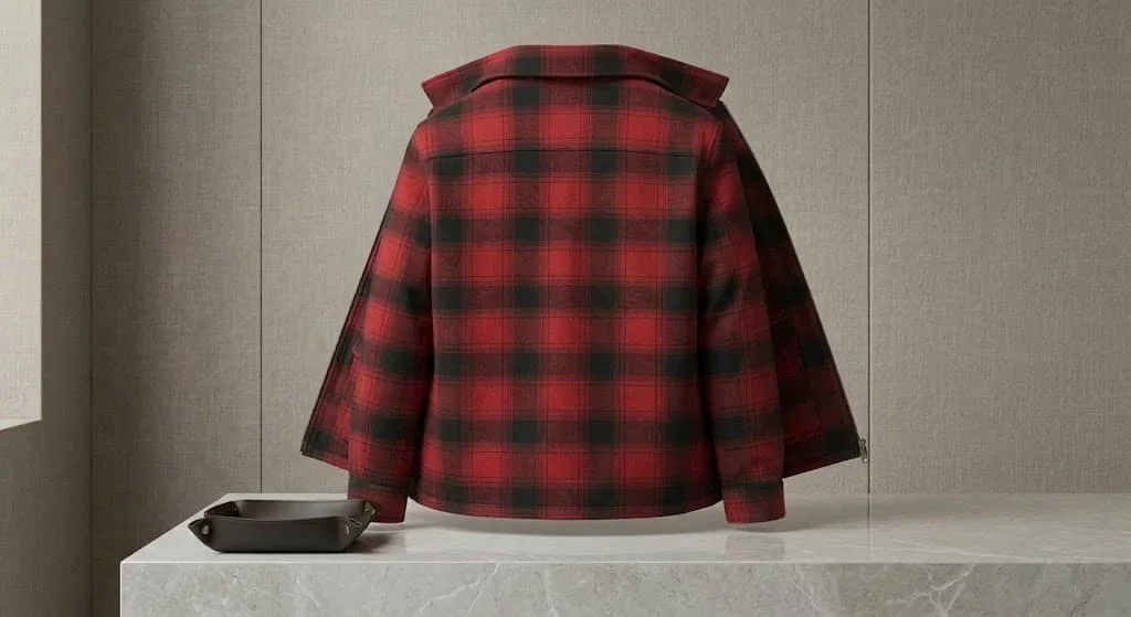 Red and black plaid jacket displayed on mannequin against gray wall with marble counter