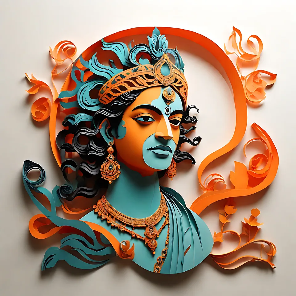 A stylized, colorful paper-cutout artwork of a deity's head and shoulders, adorned with ornate jewelry and a crown, set against a plain background