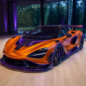 A bright orange McLaren Senna sports car with purple underglow lighting is displayed indoors on a light wood floor, viewed from a low angle