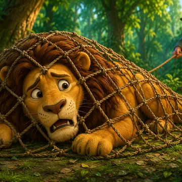 Cartoon lion trapped in rope net by man in forest