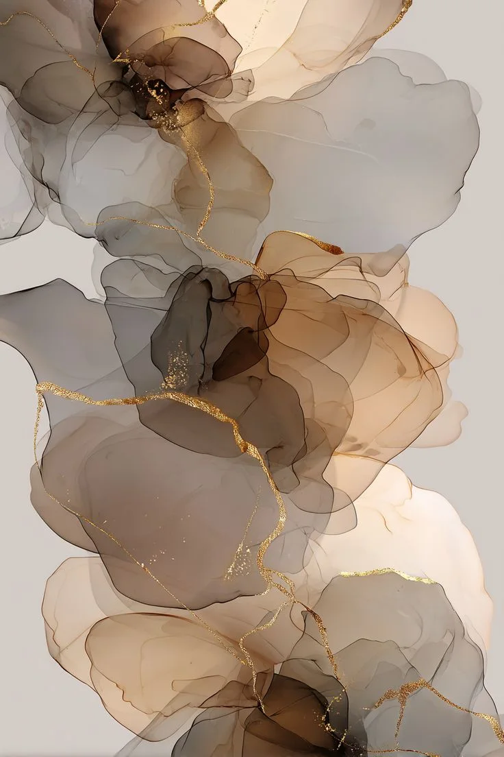 Abstract art with flowing brown beige shapes and gold lines on gray background