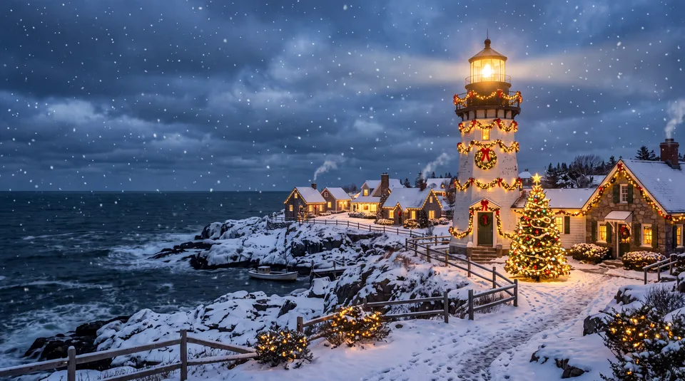 A snow-covered lighthouse and coastal village decorated with Christmas lights and a tree under a starry night sky