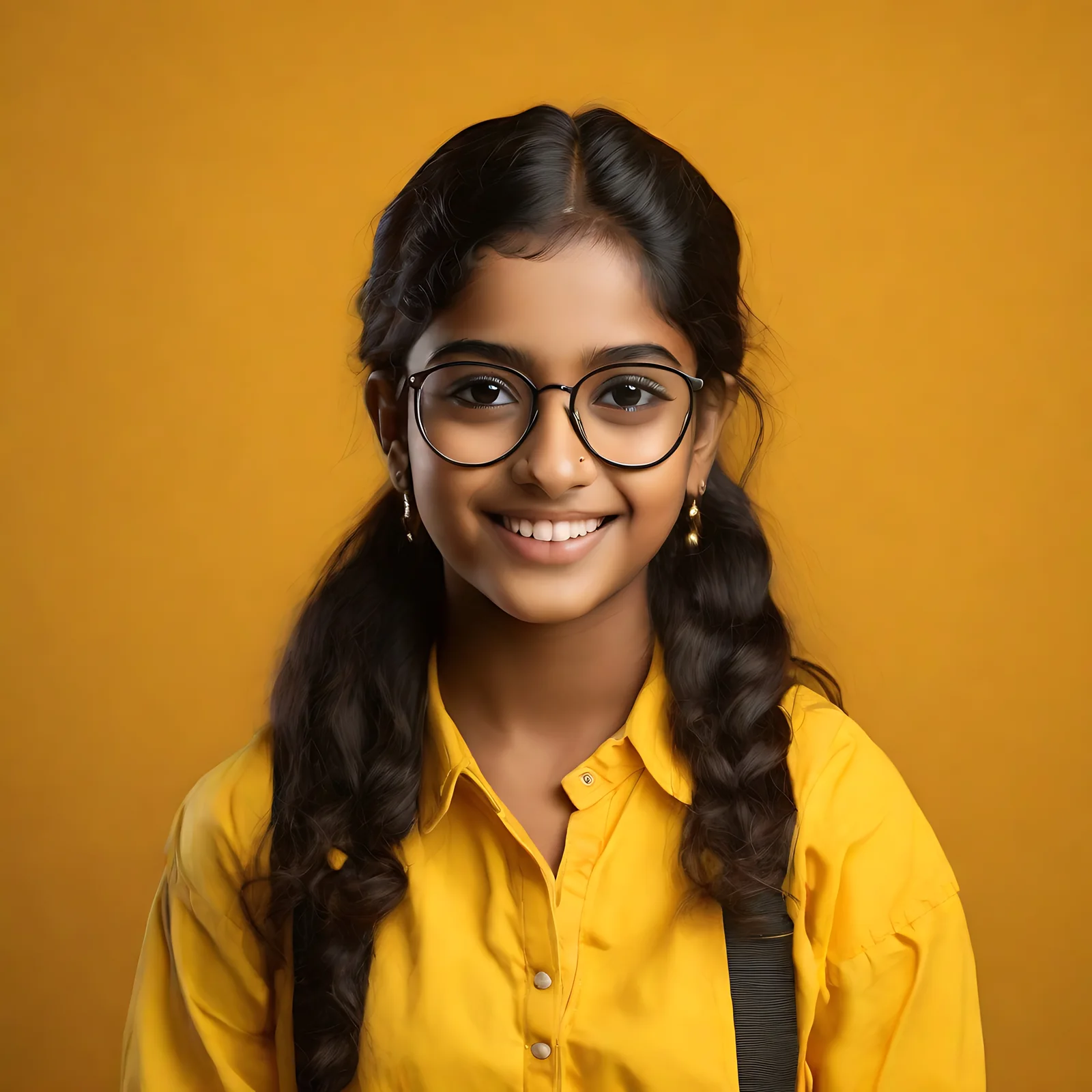 A young girl with dark hair in braids, wearing glasses and a yellow shirt, smiles at the camera against a solid orange background