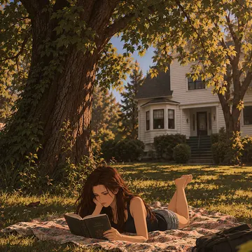Young woman reading Jane Austen book under tree on grass near house