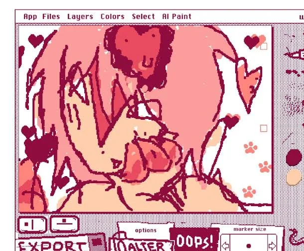 A pixelated couple embracing with hearts and paw prints in a digital art program