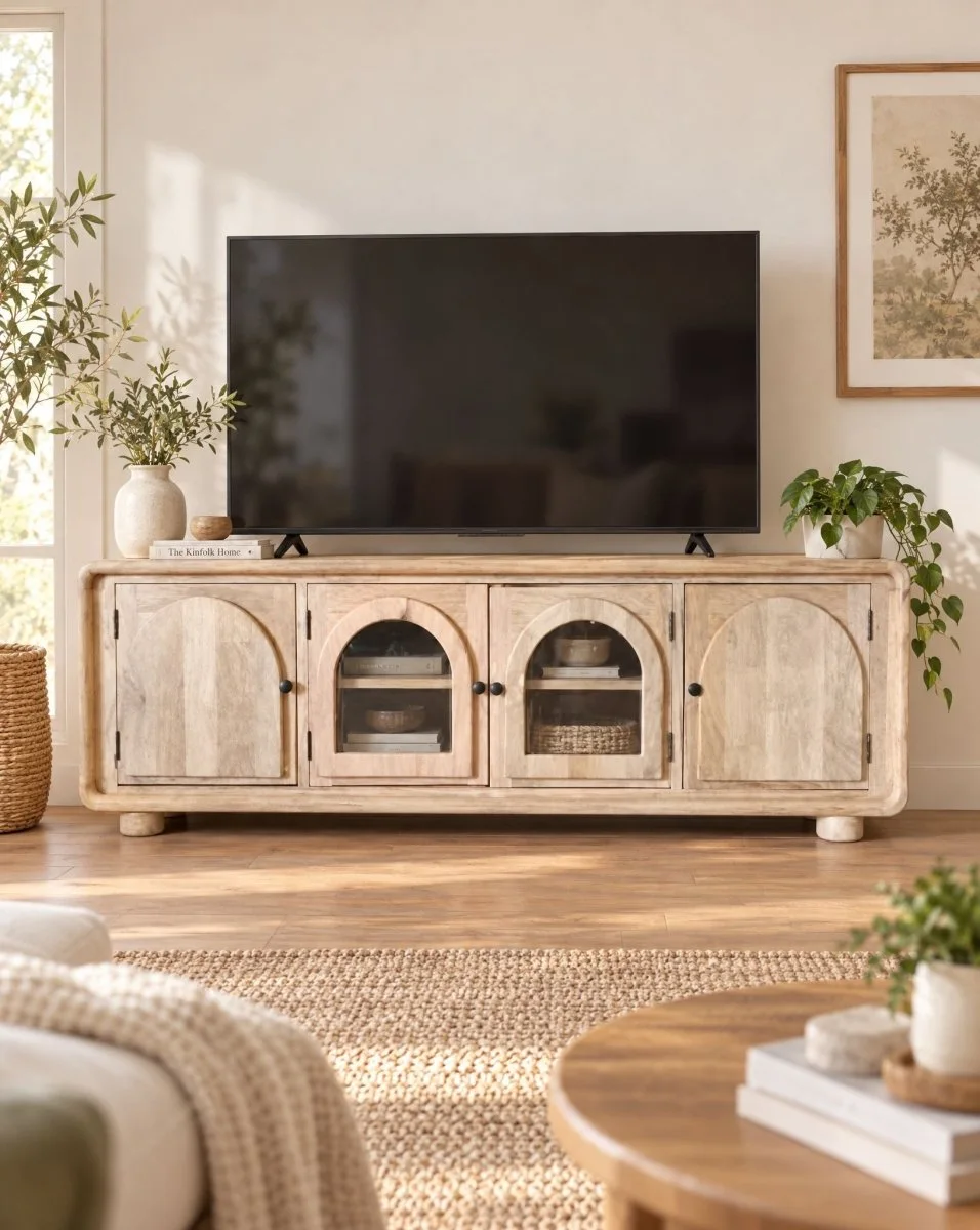 Light wood TV console with arched doors in sunlit living room with plants and woven rug