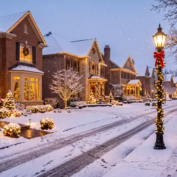 A snow-covered suburban street at dusk, decorated with Christmas lights and wreaths, with three people walking along the sidewalk
