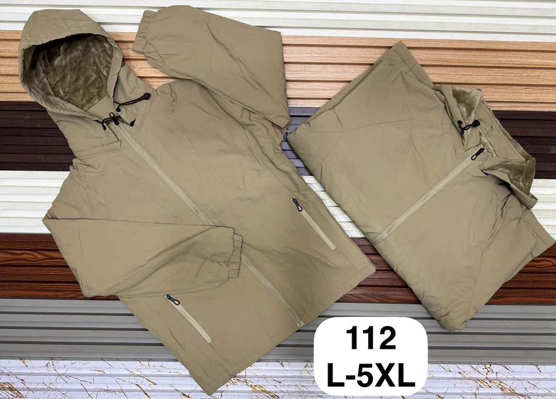Two beige hooded jackets with zipper pockets on striped wooden surface