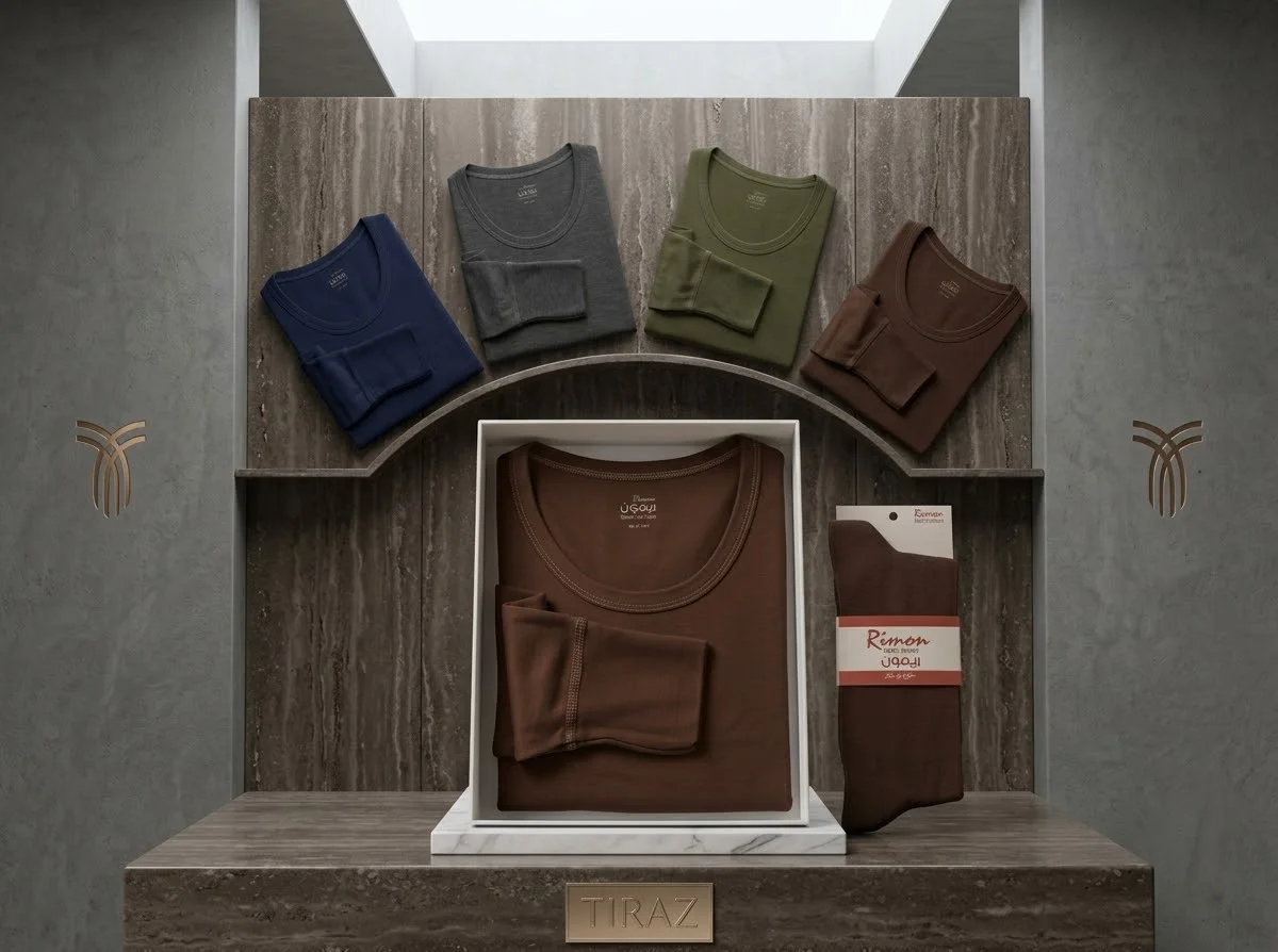Four folded t-shirts and a pair of socks on a wooden shelf with marble base and concrete walls