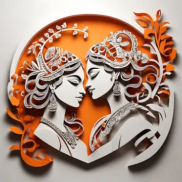 A stylized paper-cut art piece depicting two ornate, profiled female figures facing each other against an orange background