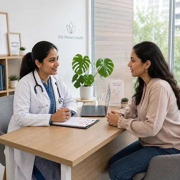 Doctor and patient having a consultation in a modern clinic with wooden desk and monstera plant