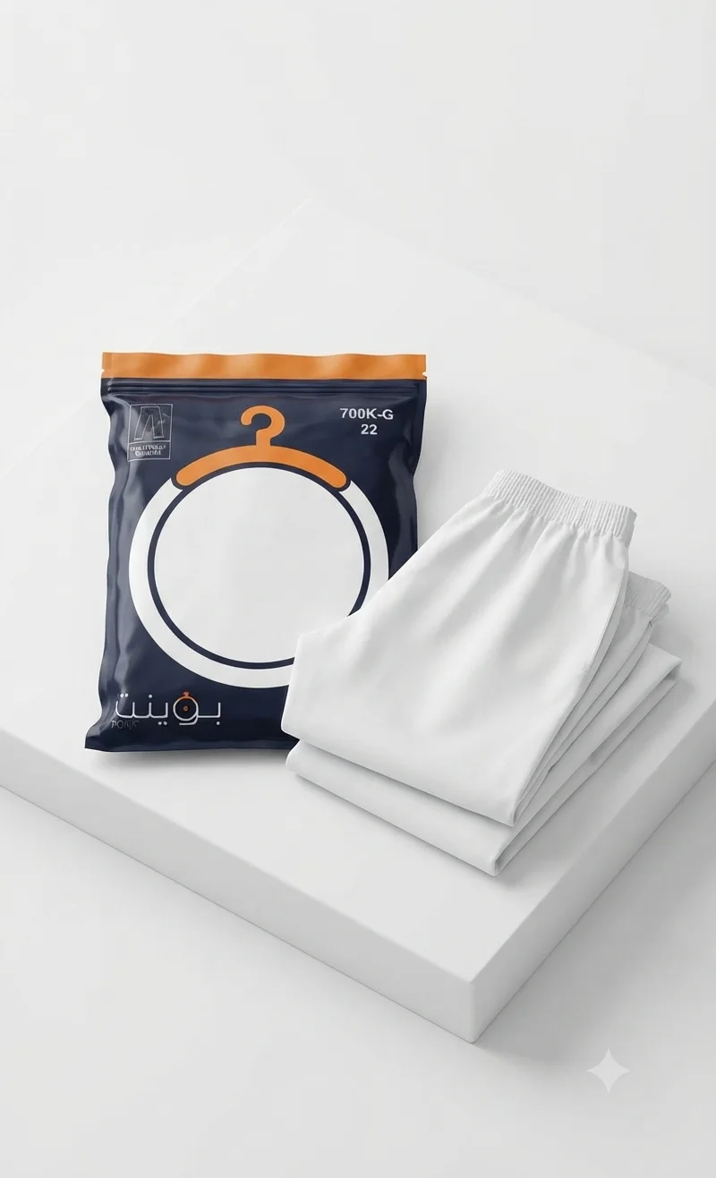 Folded white pants next to navy blue packaging with orange accents on white pedestal