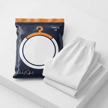 Folded white pants next to navy blue packaging with orange accents on white pedestal