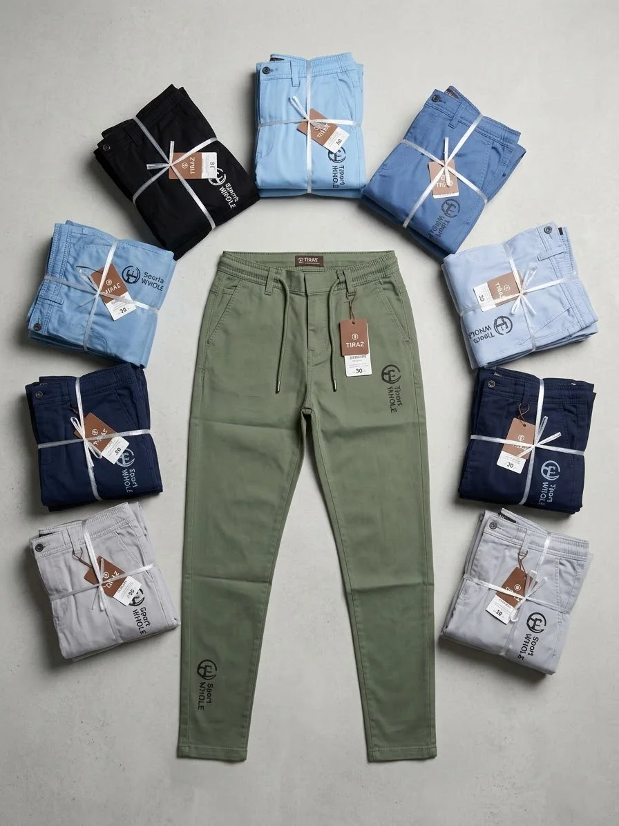 Eight folded men's trousers in various colors arranged around a single olive green pair with brand tags