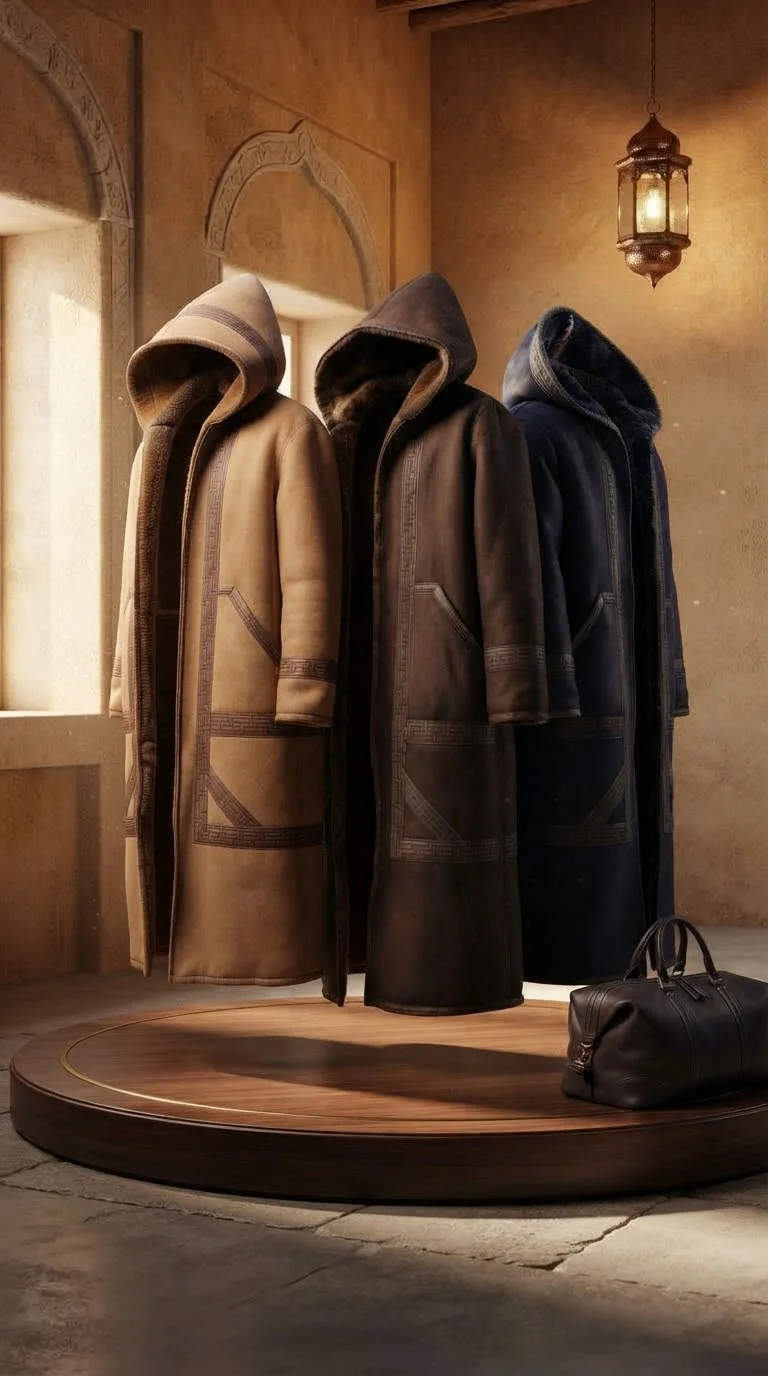 Three hooded leather coats displayed on a wooden platform in a warmly lit stone room with a hanging lantern