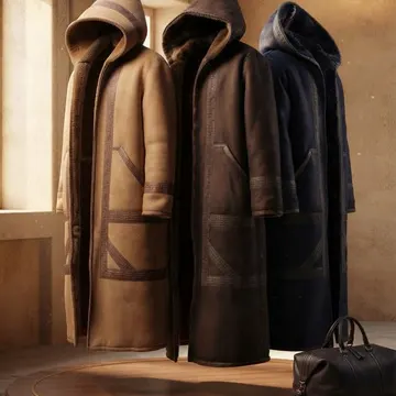Three hooded leather coats displayed on a wooden platform in a warmly lit stone room with a hanging lantern