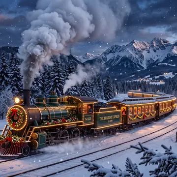 A festive steam train decorated with lights and wreaths travels through a snowy mountain landscape under a starry night sky