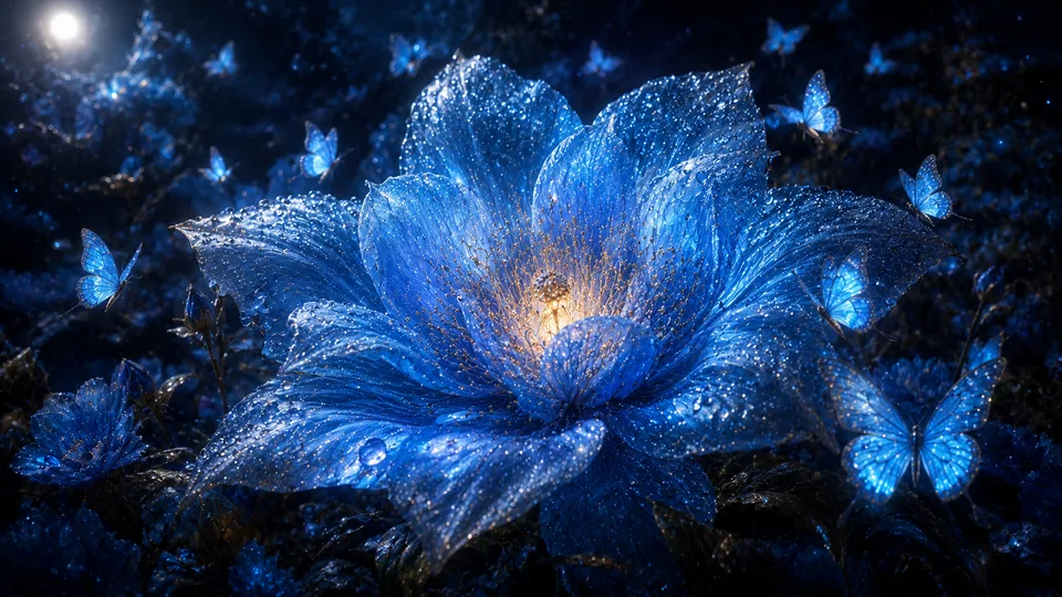 Glowing Blue Flower and Butterflies