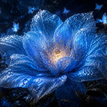 Glowing Blue Flower and Butterflies
