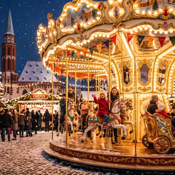 A brightly lit carousel with riders is in a snowy Christmas market at night, with decorated stalls and a large Christmas tree in the background