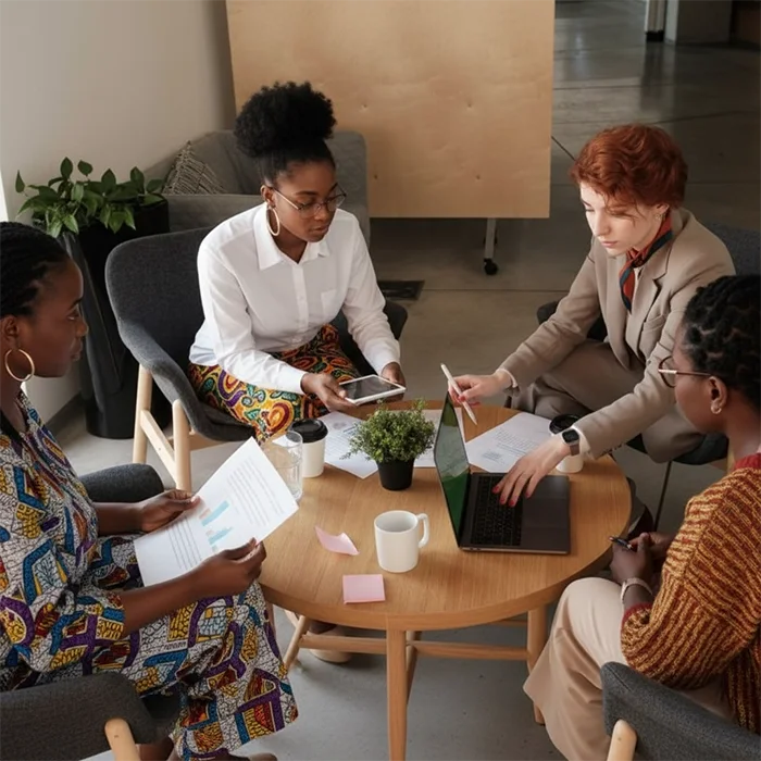 Four women in a modern office meeting around a wooden table with laptop and documents