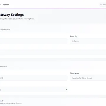 A screenshot of a web application's payment gateway settings page showing Stripe, PayPal, and Cryptocurrency options with input fields and toggle swit