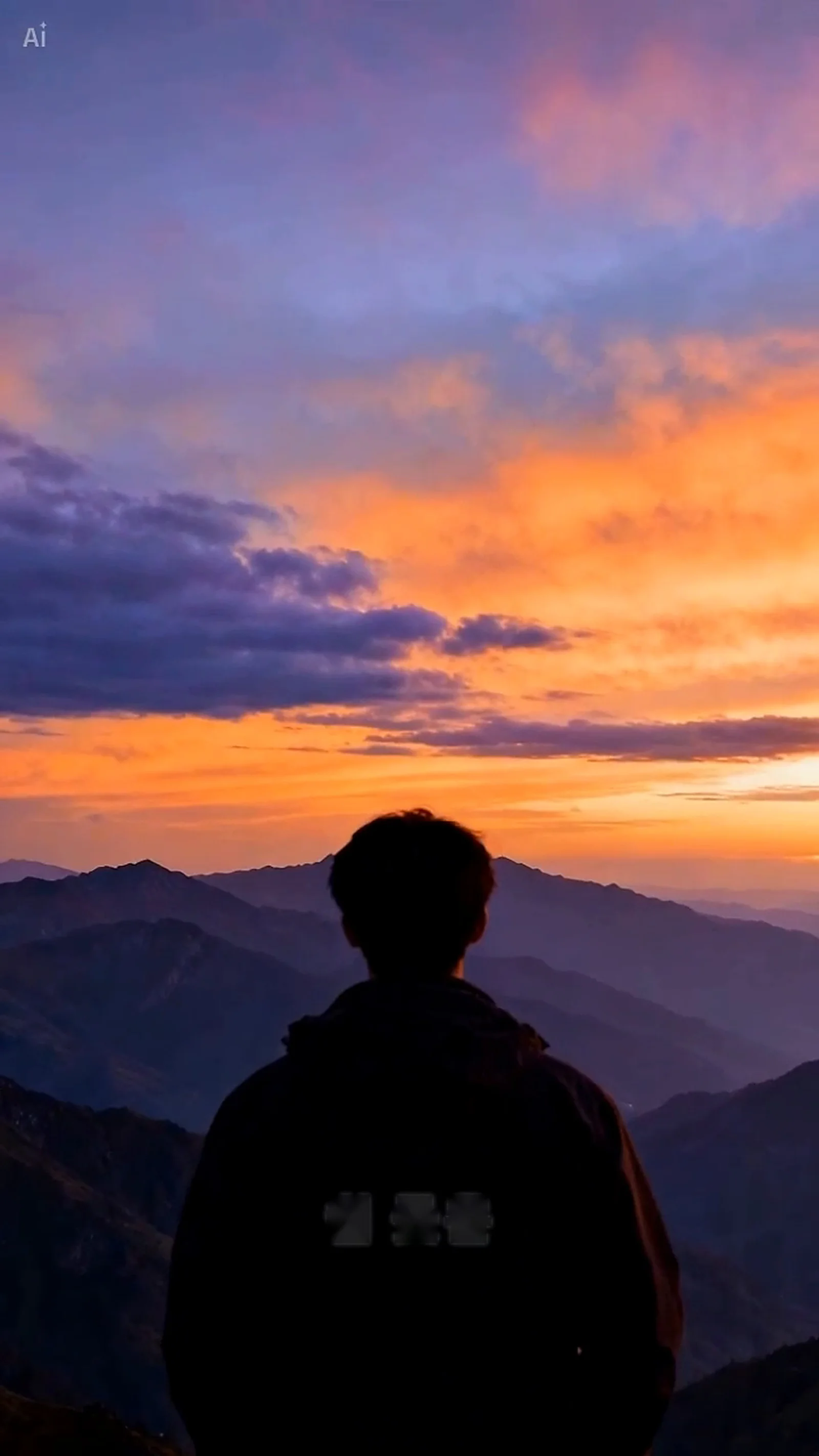 A person in silhouette stands on a mountain ridge facing a colorful sunset sky with layered mountain ranges in the background