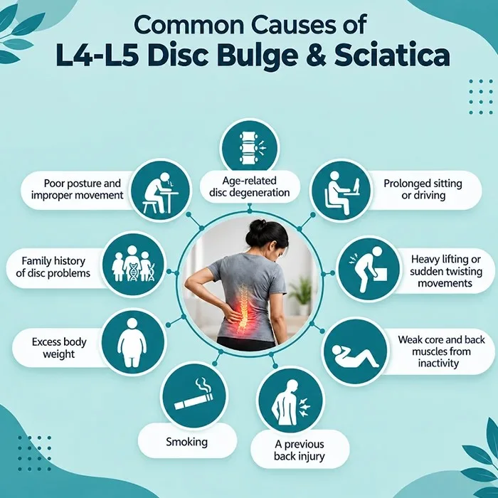 Infographic listing causes of L4-L5 disc bulge and sciatica with a woman holding her back in pain