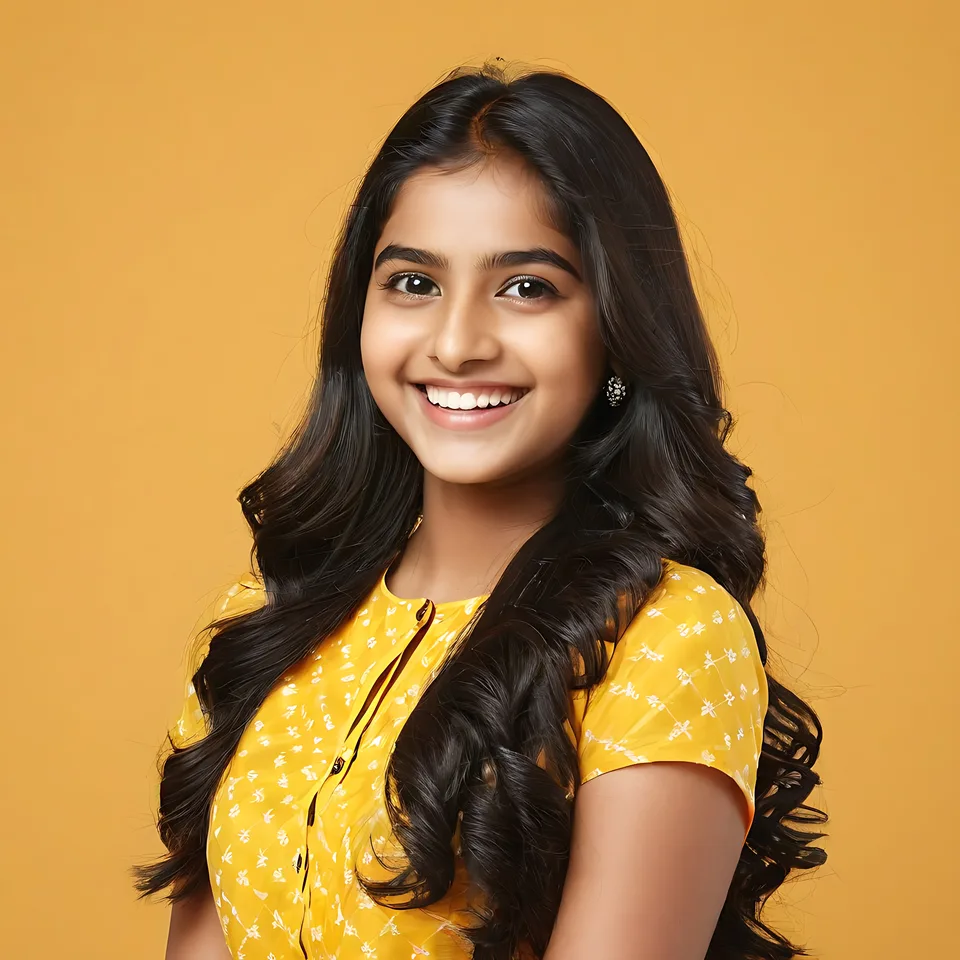 A young girl with long dark hair and a yellow patterned top smiles at the camera against a solid orange background