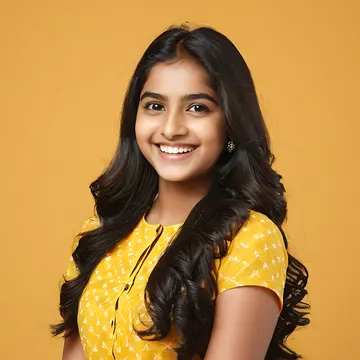 A young girl with long dark hair and a yellow patterned top smiles at the camera against a solid orange background