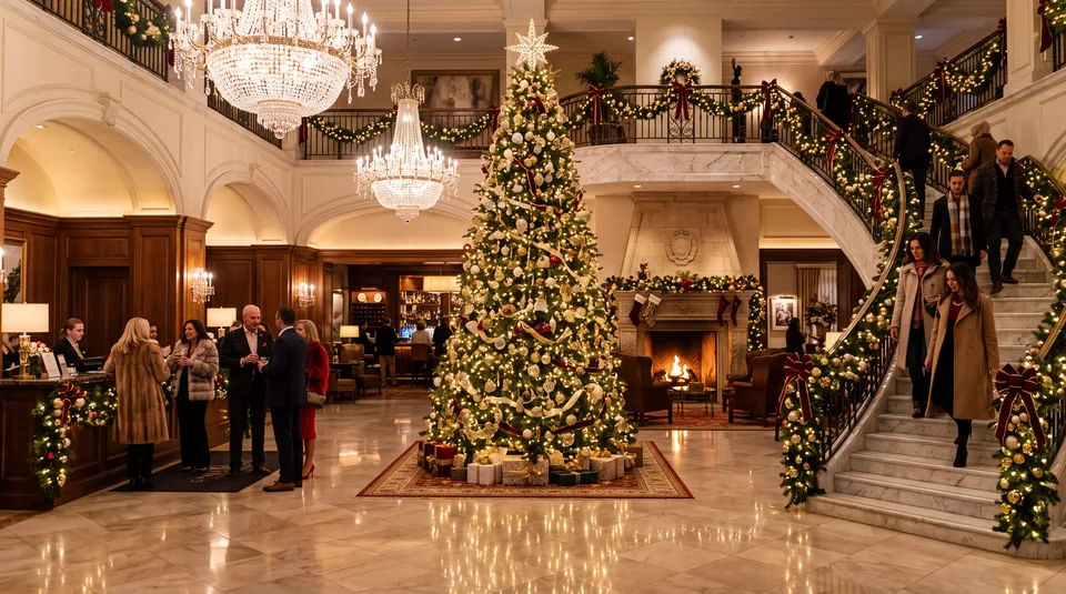 A grand, festively decorated hotel lobby with a large Christmas tree, chandeliers, and guests walking on a staircase