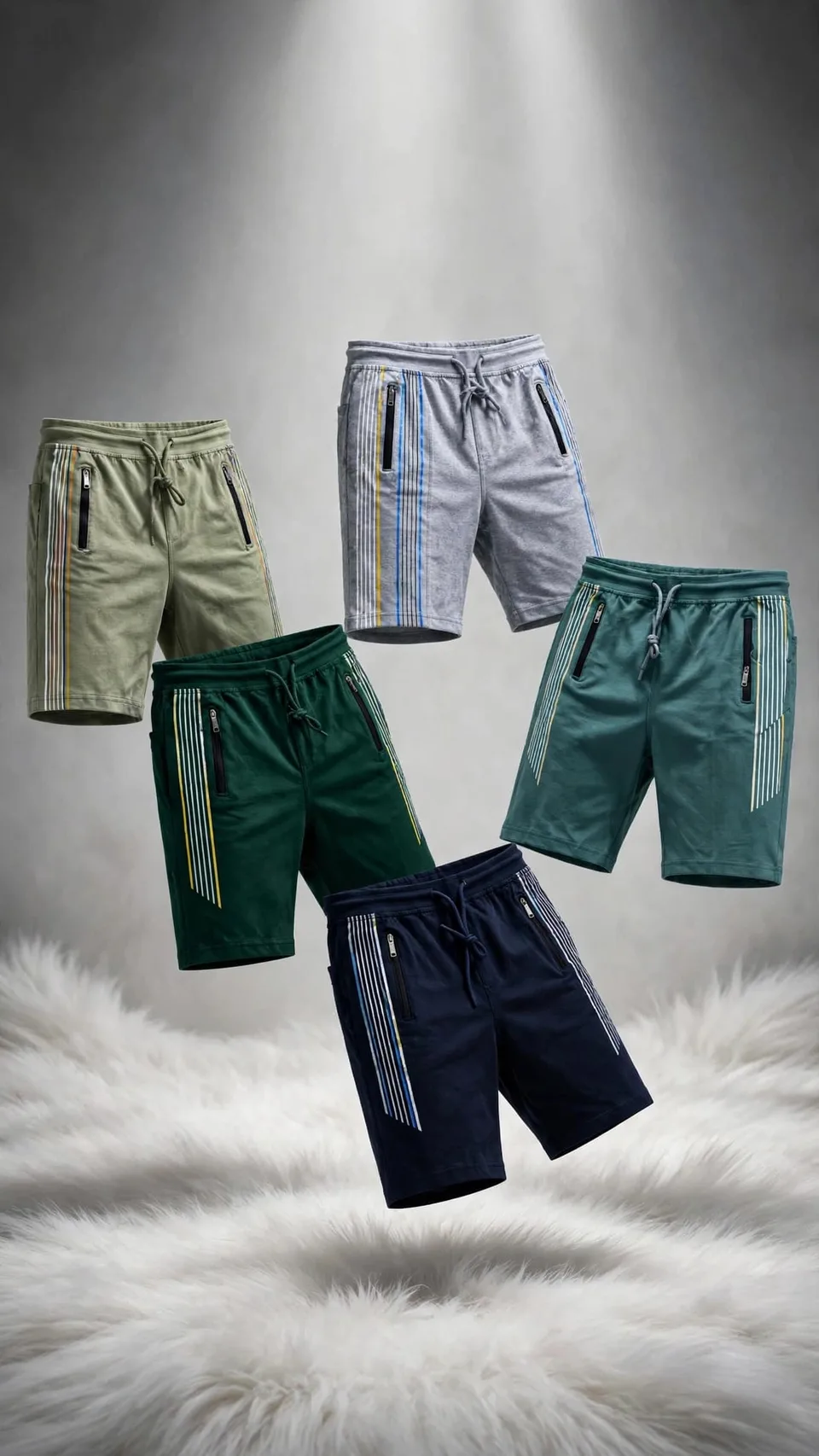 Five pairs of men's athletic shorts in various colors are displayed floating above a white furry surface against a gray studio background